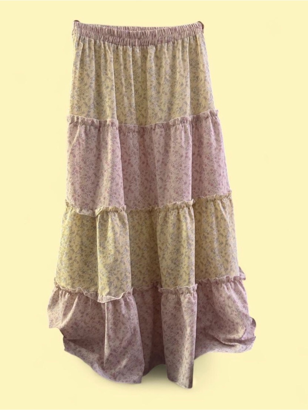 SHEIN Pastel Yellow and Pink Tiered Maxi Skirt
